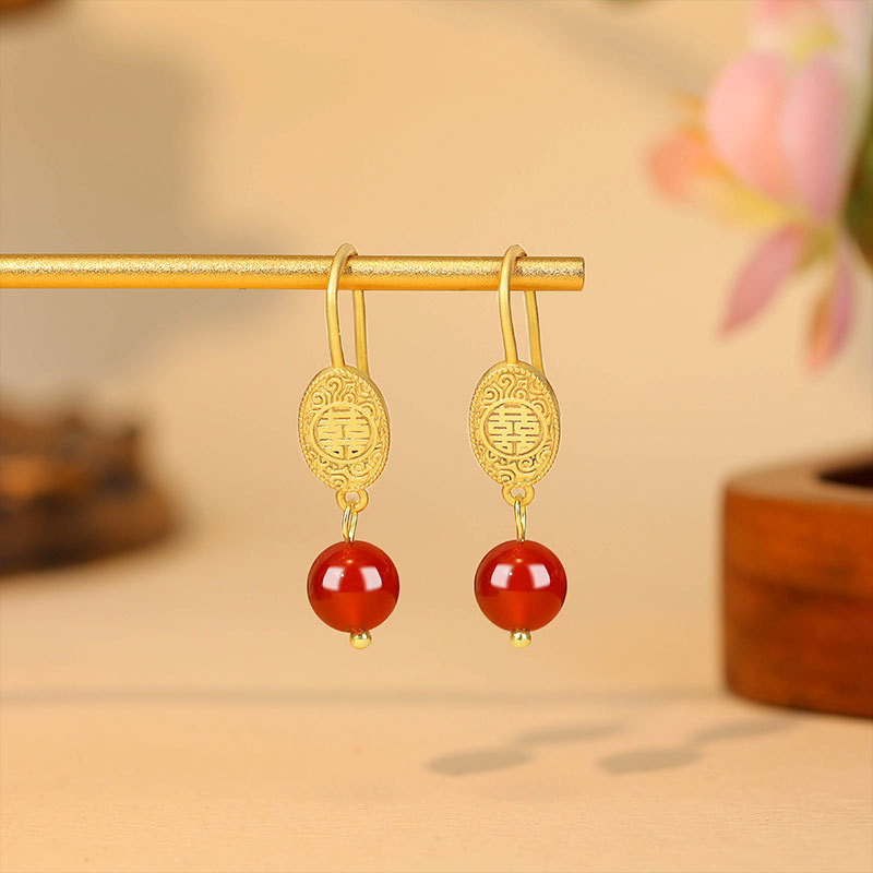 Gold Plated Jewelry - Pendientes de cuentas de jade rojo