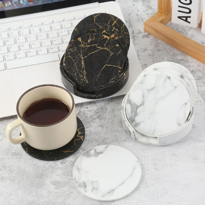 Marble Coaster Set - Posavasos de mármol de cuero Artificial,