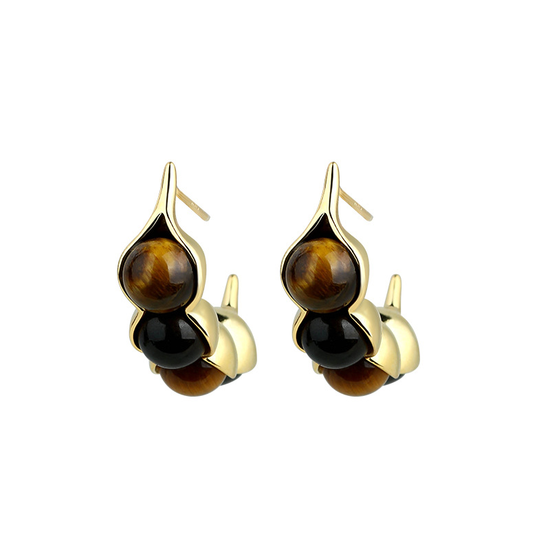 Gold Plated Jewelry - Pendientes de ojo de tigre con